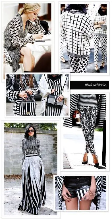 Black-and-white collage board of monochrome patterned outfits with checks, stripes, and polka dots