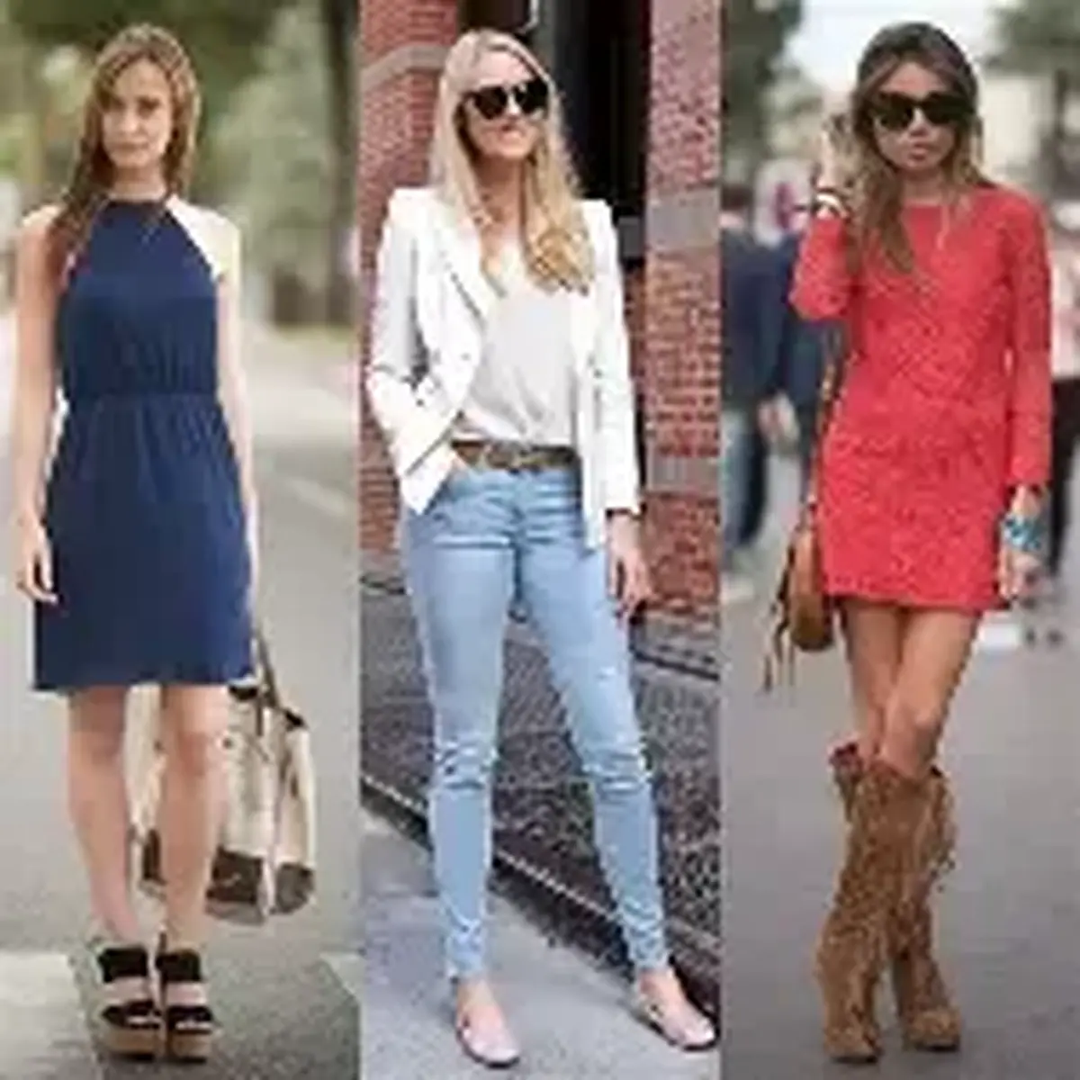 Three-panel street-style triptych with a navy dress, white blazer and jeans, and red lace dress