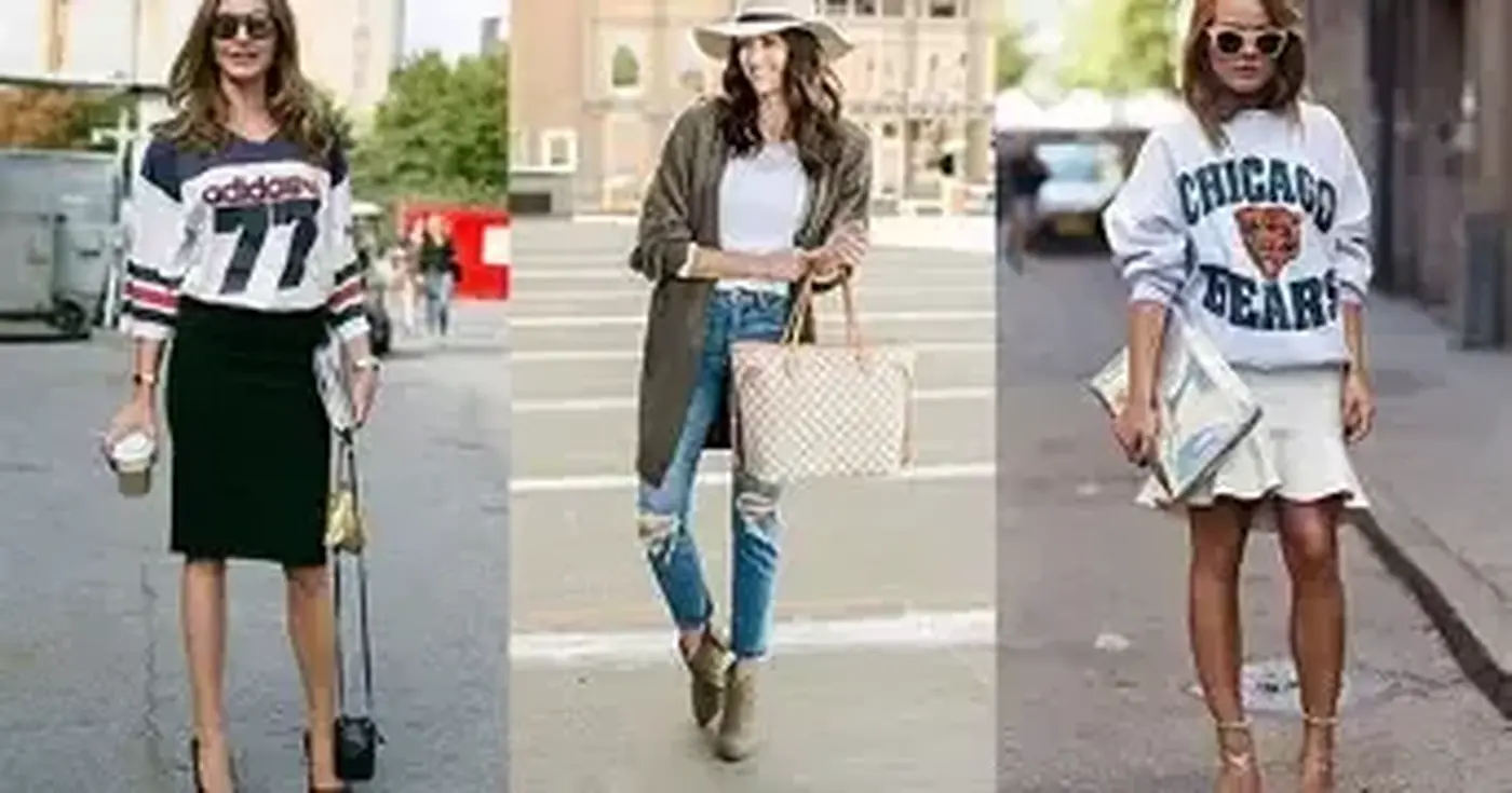 Three-panel street-style triptych with a varsity sweatshirt, olive cardigan and jeans, and Chicago Bears sweatshirt