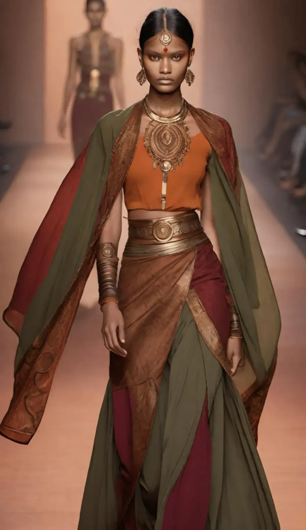 Runway model in an ornate orange, olive, deep-red and gold cultural look with layered draped skirts and a large medallion necklace