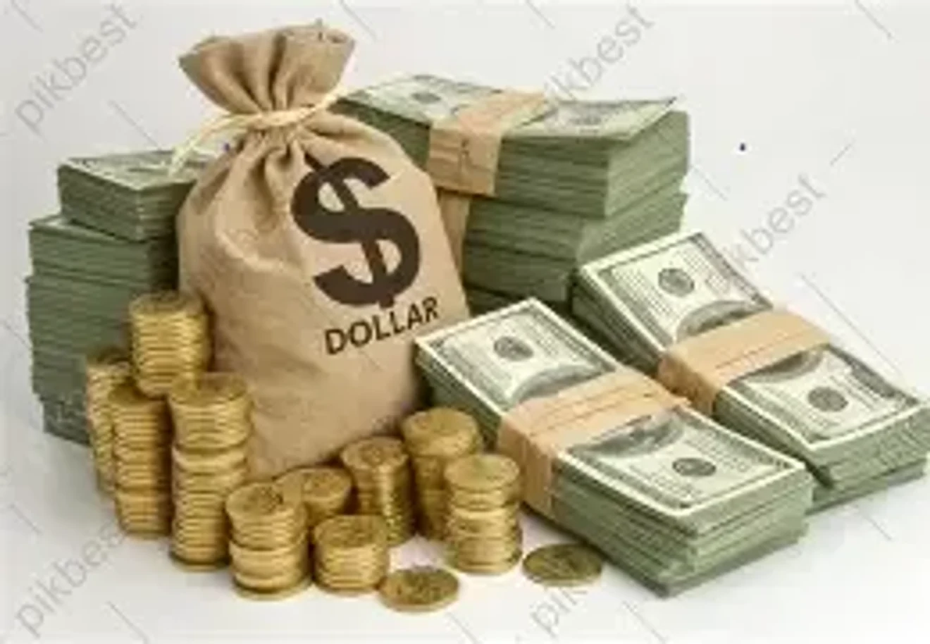 A burlap money bag with a large dollar sign beside stacks of banded banknotes and piles of gold coins