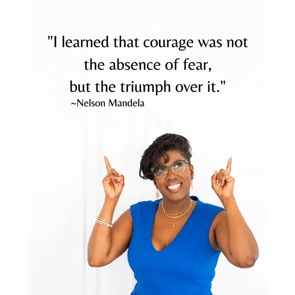 Natacha smiling in a royal blue sleeveless dress and green-rimmed glasses with both index fingers pointing upward beneath a quote about courage