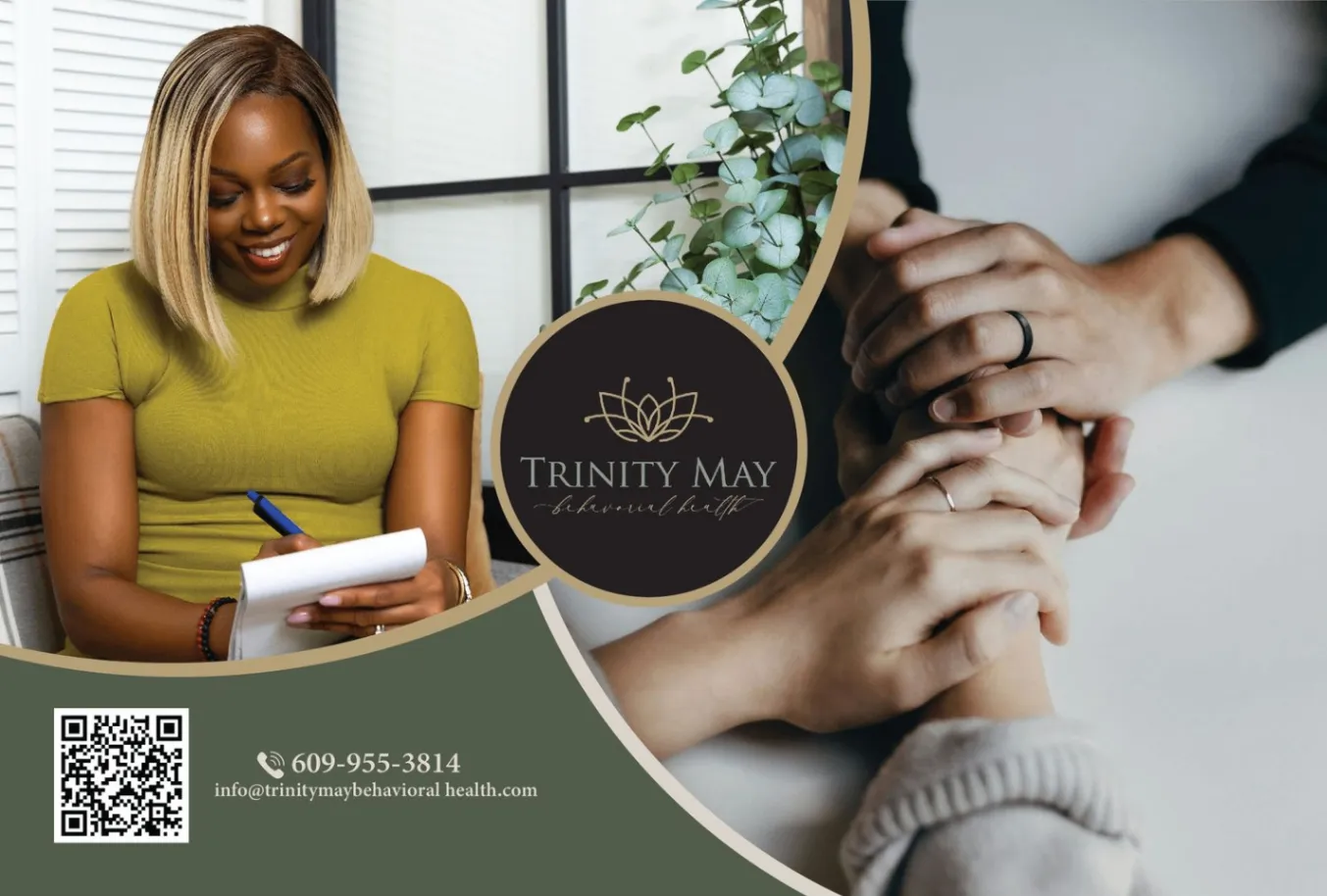 Trinity May Behavioral Health promotional graphic showing Eronmwon Balogun taking notes, the practice logo, a supportive hand on a shoulder, and the practice phone number and email address