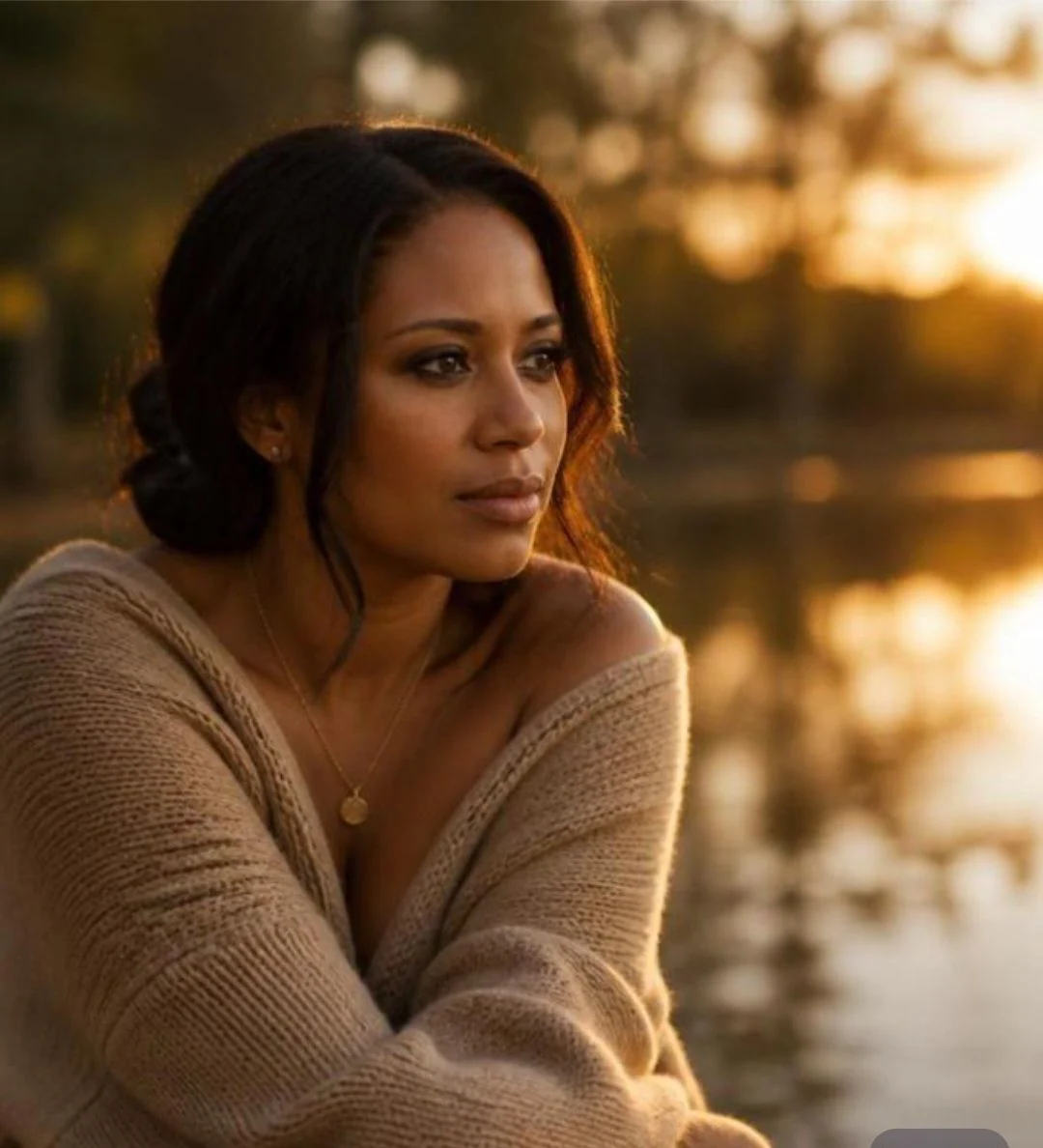 A woman sitting quietly beside sunlit water