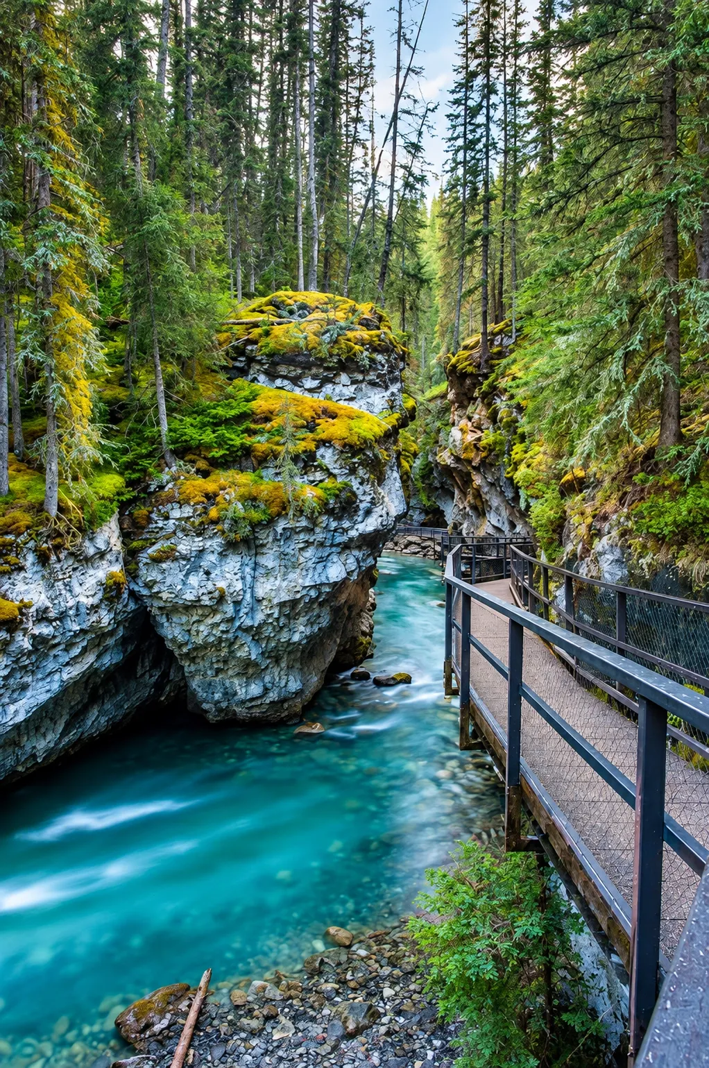 A wooden catwalk walkway along a turquoise river in a narrow forest canyon, beneath moss-covered cliffs and tall evergreens