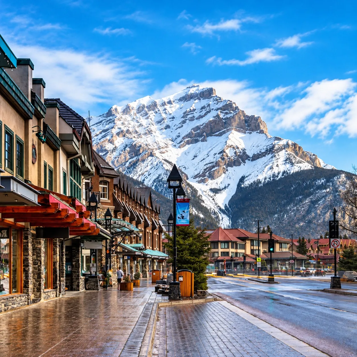 Banff Avenue at street level, with stone storefronts and red awnings and the snow-covered face of Cascade Mountain rising above the town