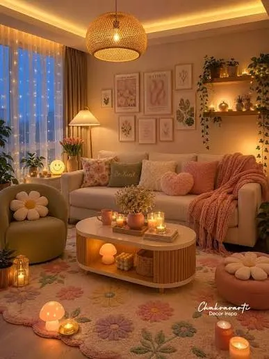 Warm, softly lit living room with cozy pink and cream furnishings, plants, and personal decor