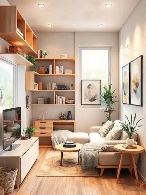 Minimalist light-filled living room with simple furniture, natural materials, and calm neutral colors
