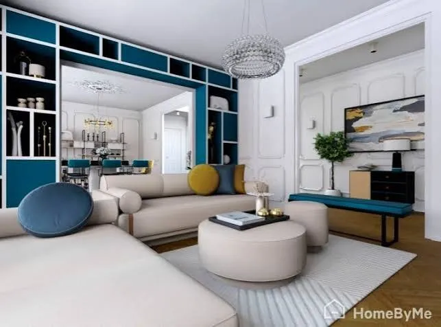 Modern living room with teal built-ins, cream seating, and bright curated accents