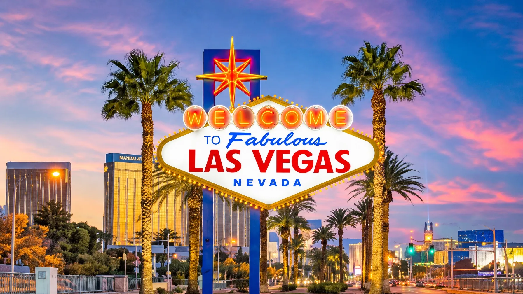 The Welcome to Fabulous Las Vegas sign at dusk