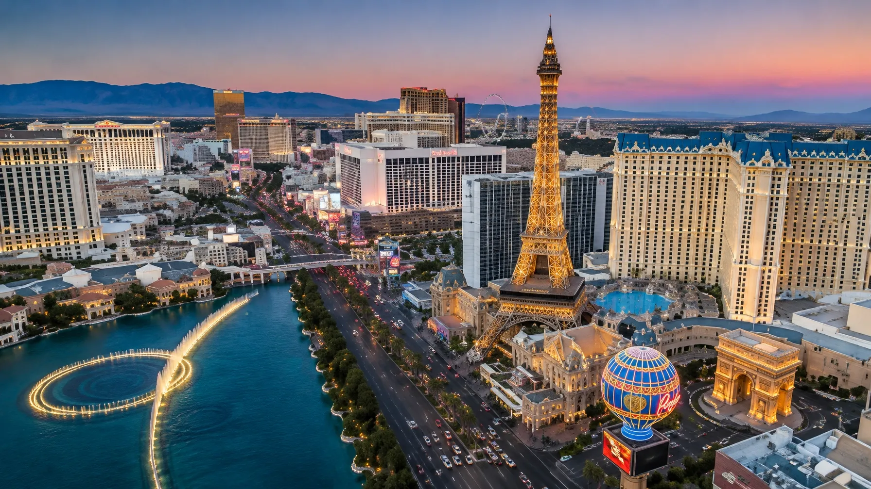 Las Vegas Strip with the Eiffel Tower replica and hotels at twilight