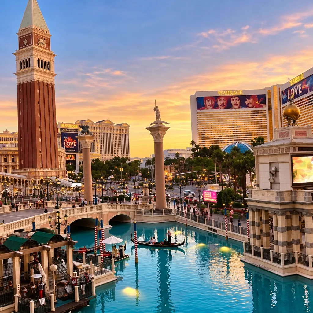 The Venetian Resort's canal and bell tower on the Las Vegas Strip at sunset