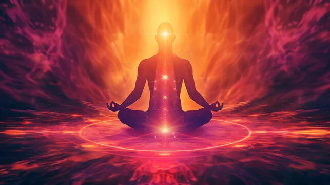 A woman meditating in a radiant magenta and gold field of light
