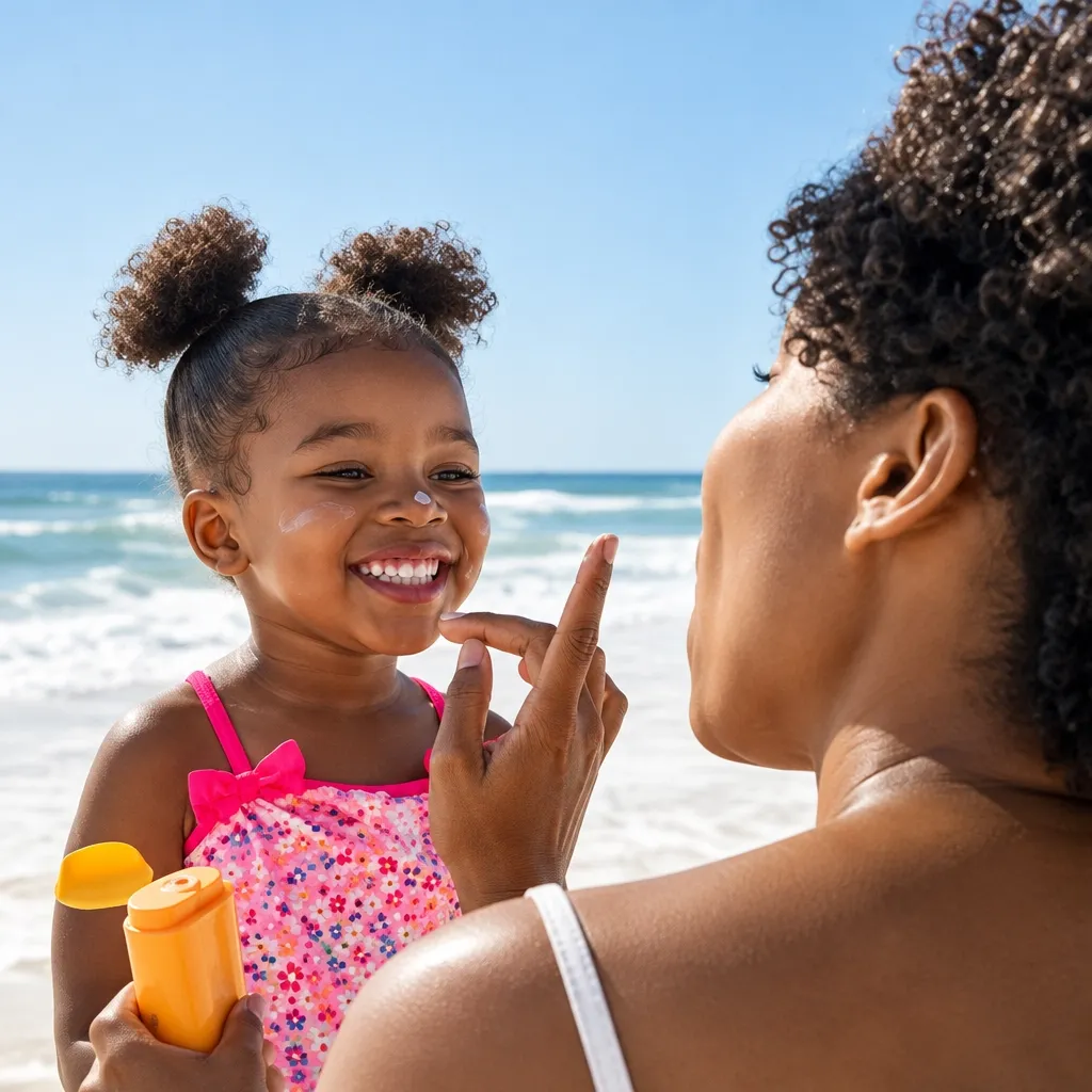 Mother applying sunscreen to her smiling young daughter at the beach