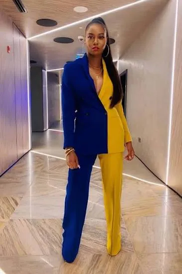 Color-blocked blue and yellow fashion outfit
