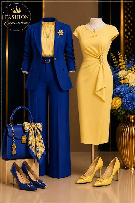 Blue and yellow coordinated fashion look