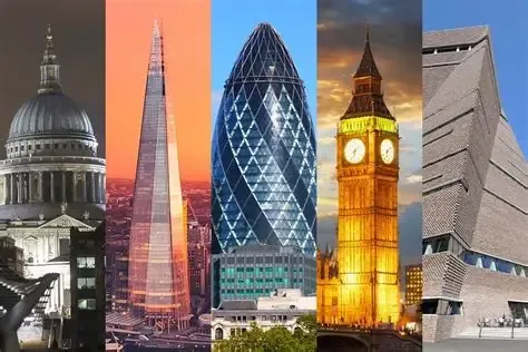 Collage of London landmarks and modern skyline