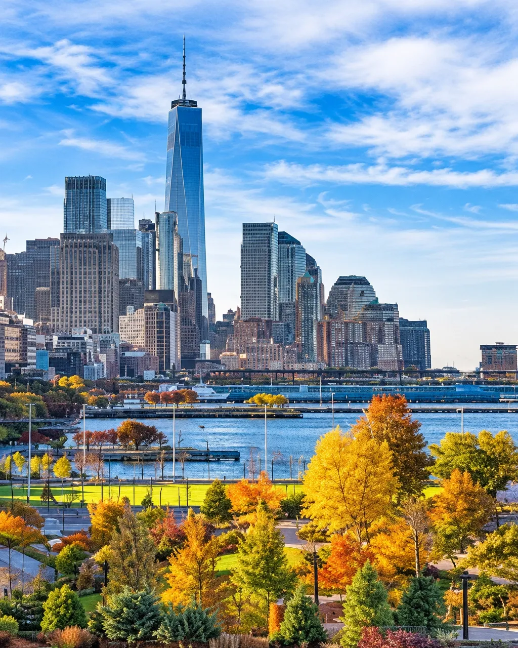 New York City skyline rising above an autumn park