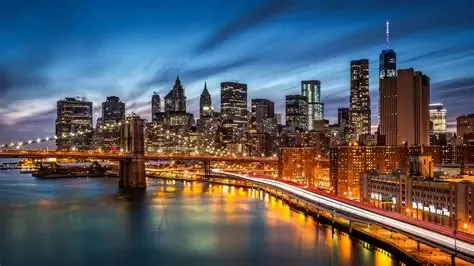 New York City skyline at night across the river