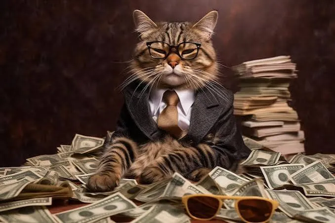 Cat in a suit seated among books, money, and sunglasses